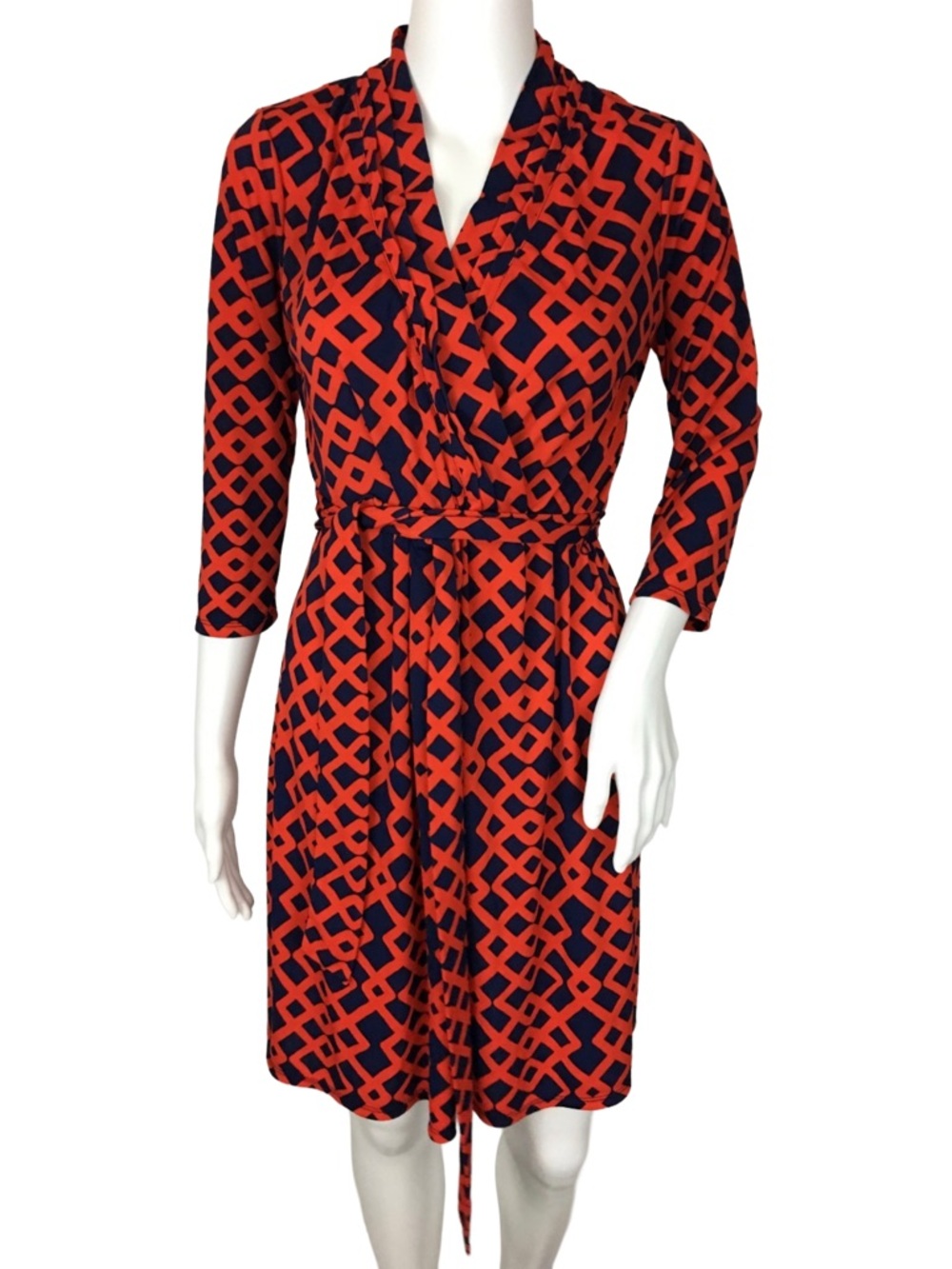 Liz Claiborne Navy and Red Geometric Jersey Knit  Wrap Dress L